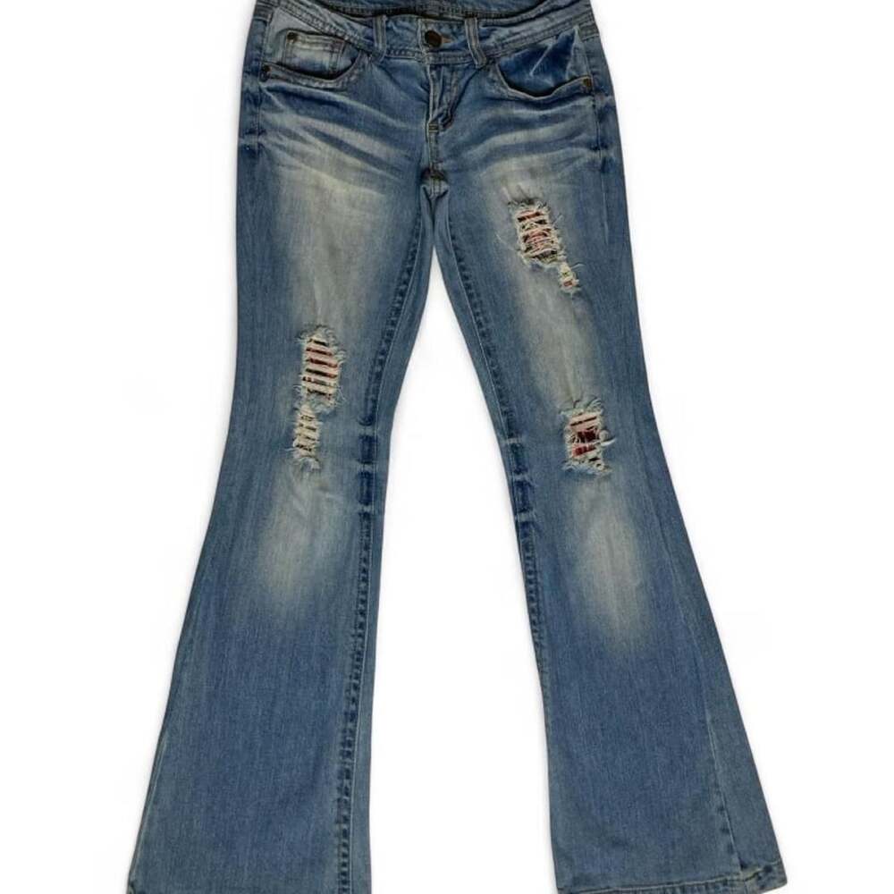 Vintage Y2K Bongo Low Rise Flare Jeans Distressed Flannel Patch Size 1